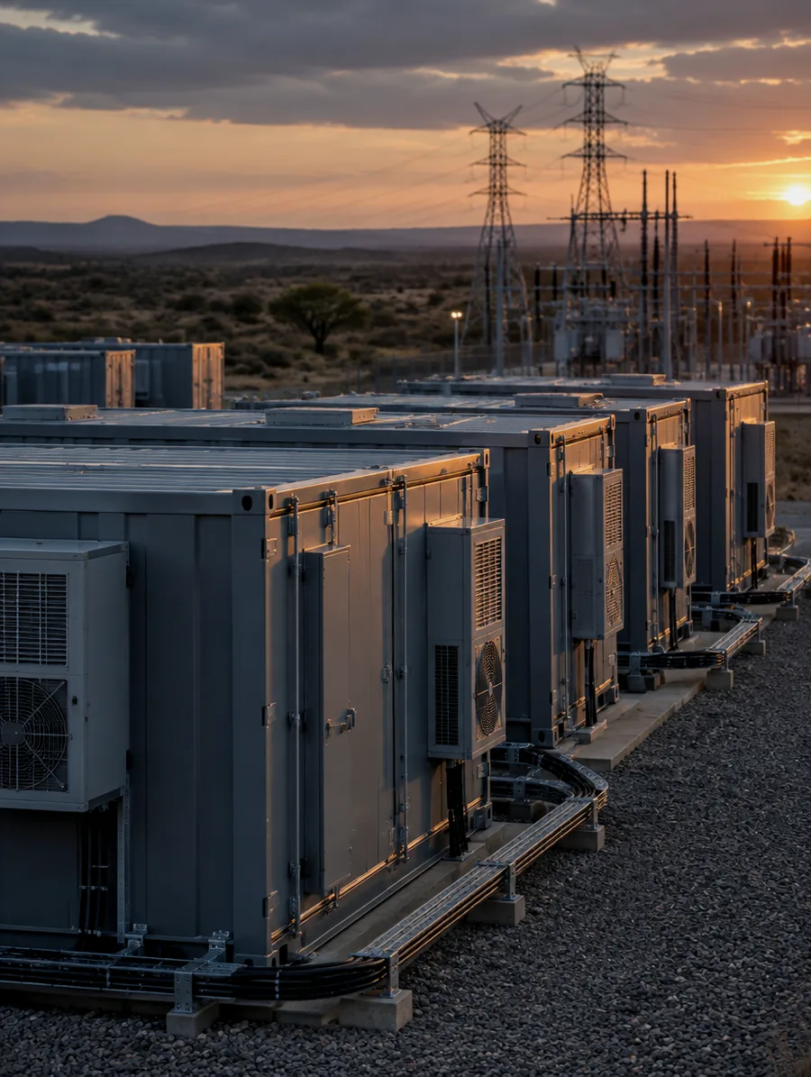 Containerised battery energy storage cabinets on an industrial site at dusk.