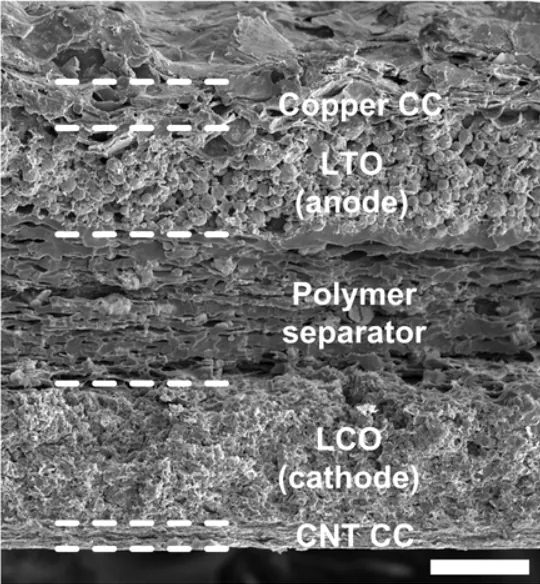 Scanning electron micrograph of an electrode stack, with copper current collector, anode, separator and cathode layers labelled.